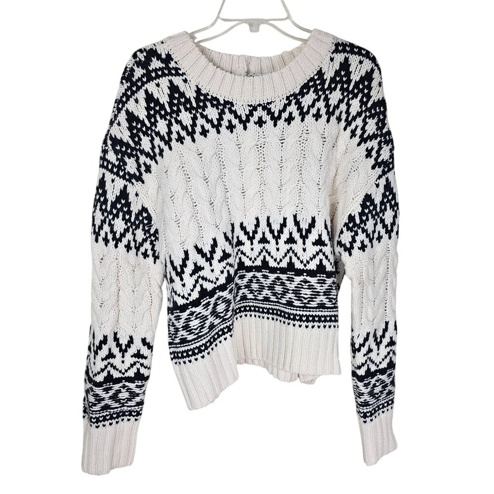 Z Supply Fair Isle Crewneck Sweater L Black Cream Apres Ski Chunky Fisherman